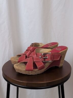 Red Wedge Slide Sandals with Cork Platform -  Women Size 8 M